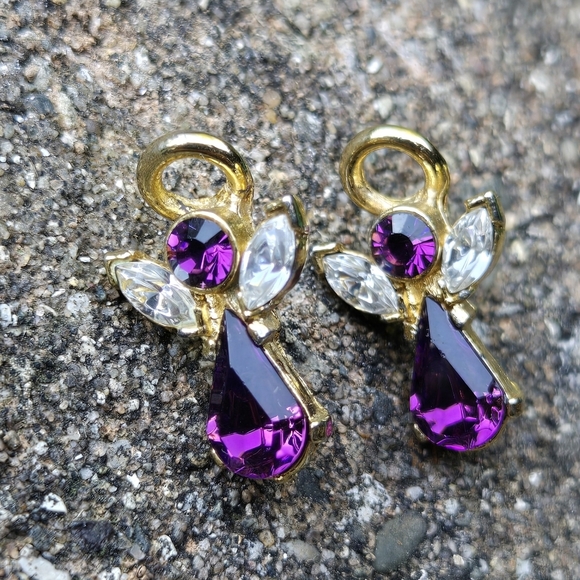 Genuine Austrian Crystal Earrings Guardian Angels Halos Amethyst Purple February - Picture 1 of 17